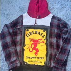 Size large reworked fireball hoodie, with flannel arms. 1/1